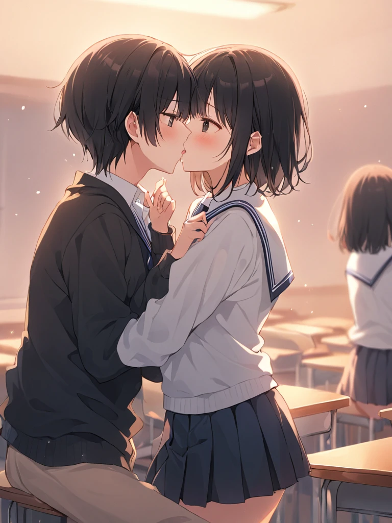 Anime Style, Super precise illustration, Very detailed, beautiful, 8k,beautiful girl,(cute:1.3),Black Hair,short straight bangs, smile,black eye, High school couple, Kissing Scene,mini skirt,｛school uniform｝,classroom, evening, Lost in a kiss, Excited