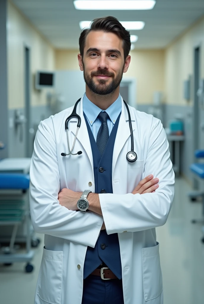 Generate a doctor image wearing a white Coat and pant and scthos scope.
