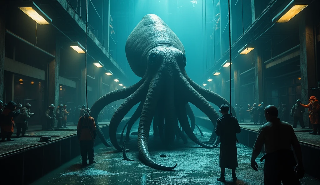 A massive giant squid, its tentacles writhing in the depths, (photorealistic,cinematic,highly detailed:1.4),(best quality,8k,hyper-detailed,extremely detailed,masterpiece:1.2),an old weathered fisherman hauling it up from the sea, his expression one of exhilaration, (realistic:1.37),industrial fishing factory, rows of workers expertly processing the catch, the air thick with the scent of the ocean, (cinematic lighting,dramatic lighting:1.2),moody atmospheric colors, (muted tones,cool tones:1.1),detailed machinery, conveyor belts, the thrill of the hunt and the hard work of the industry.