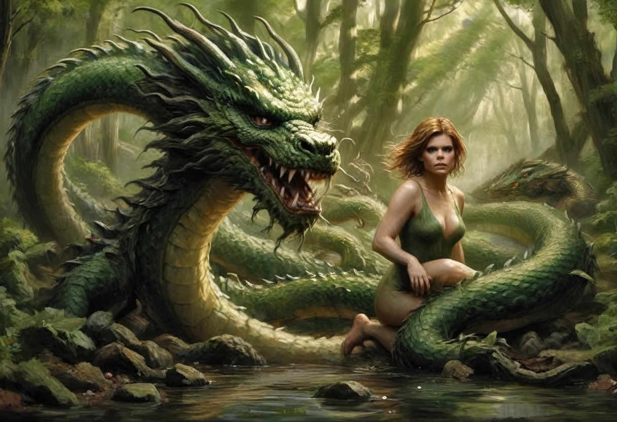 Kate Mara (age 25, nude) is in a bamboo forest. Several slimy tentacles have emerged from the ground and ripped her clothes off. Tentacles restrain her arms and legs. A dragon with a large  erect penis approaches.