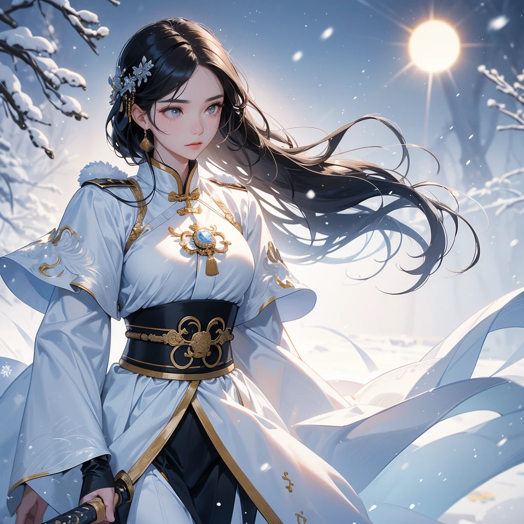 a beautiful woman black-haired male general holding a large sword in blue ancient Chinese general costume, walking In the middle of a snowstorm, white snow is falling, The sun shines and the sun rises. close up, In the middle of a snowstorm, it is white. The trees are covered in white snow. The snow is falling. close up.