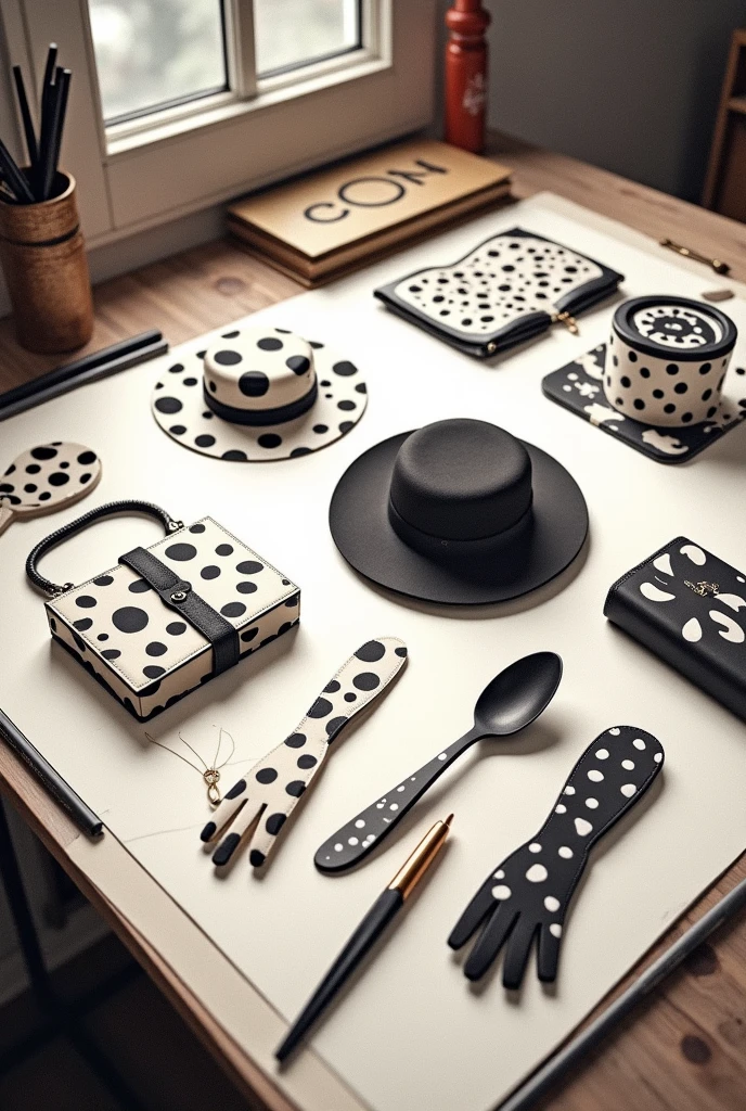 Accessories from the movie 101 Dalmatians (made with dalmatian skin), easy to draw on paper, there should be many objects, props for calcing, I'm not going to use the image, if not the objects that are in it