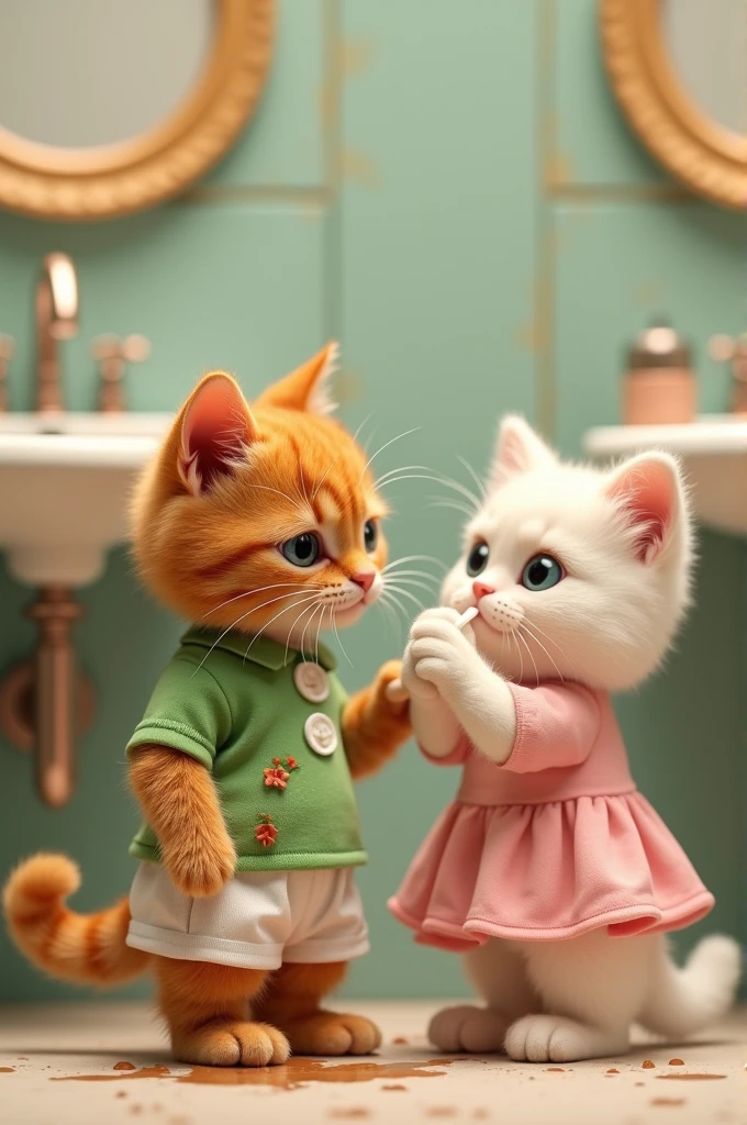 A ginger cat wearing a green shirt and white shorts with a brown stain is looking down sadly, a white cat wearing a pink dress is wiping the stain with a white tissue, a bathroom background with sinks and mirrors, [digital art, cute and heartwarming style], [similar to the style of  "The Cat in the Hat" by Dr. Seuss], [soft lighting, warm colors, smooth texture, shallow depth of field, focus on the cats]