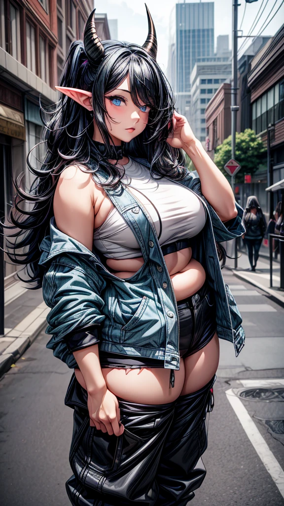 (Masterpiece, Best quality, A high resolution, ultra detailed), 1 woman, long black wavy hair, Green eyes, Beautiful, detailed eyes and face, Perfect body, earrings, ear piercing, unbuttoned denim jacket, White shirt, Jeans, denim platform sneakers, naked collarbones, chain necklace, city slum background, by Amano Akira, full body