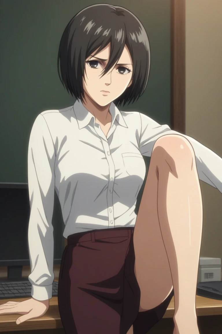 score_9, score_8_up, score_7_up, source_anime, rating_safe, intricate details, anime screencap, , official style, looking at viewer, , 1girl, solo, mikasa_ackerman, black hair, black eyes, s4,  short hair, NSFW,  show off breast , undress clothes, full open white shirt,, symmetry, office, computers, indoors, light, standing on one leg, tearing up, , 