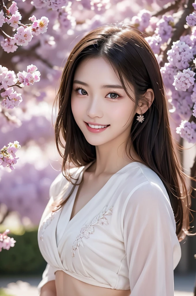 Image resolution 8K、Representative works:1.3)、Beauty、1 female、(魅力的なbody:1)、abdomen:1.1、Dark Brown Hair:1.1、(body:1)、Super detailed facial features、Attractive lips、double eyelid、Wearing a fashionable and stylish V-neck garment、Super realistic and super cute details、Japanese women、10th generation(18-year-old)、Adorable smile with a smile、Hair blowing in the wind、Wave Hairstyles、Portrait in the studio、Snow piled up on the branches of pale purple flowers and camellias in the park、Nice pose、