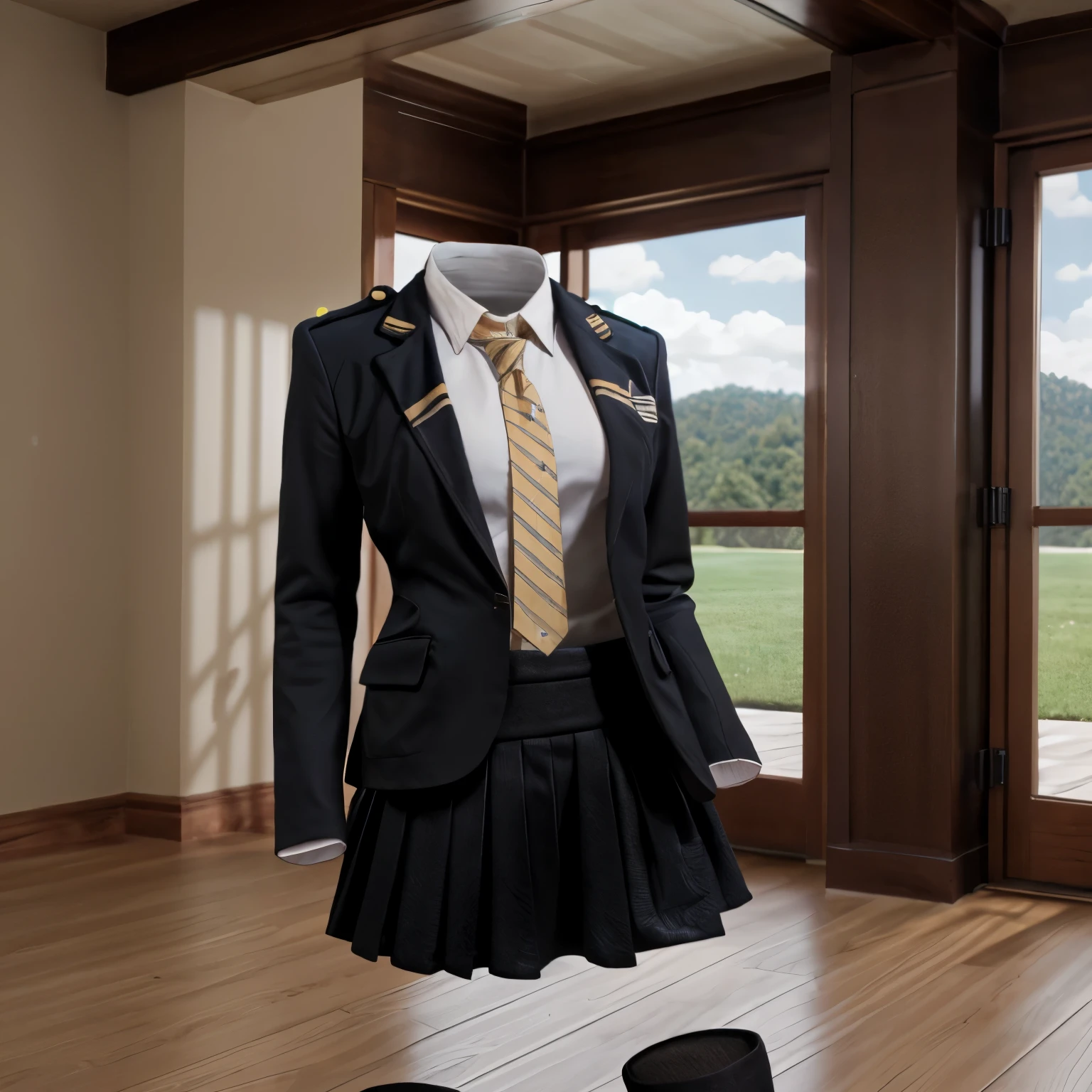 (invisible, no humans, headless, handless, faceless:1.5),cute big breasts, dynamic angle, white shirt, pleated skirt, striped necktie, collared shirt, black jacket, black skirt, long sleeves, school uniform, black socks, sarashina ruka, best quality, high resolution, (8k, RAW photo, best quality, masterpiece:1.2), (realistic, photo-realistic:1.37), photon mapping, radiosity, ((Hasselblad photography)), physically-based rendering