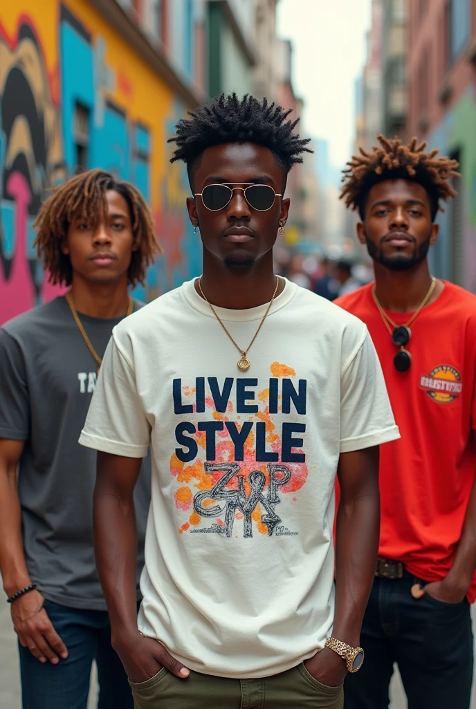 Handsome modular wearing t-shirts
Imagery: Your brand's imagery should feature bold, stylish, and confident individuals who embody the "Live in Style" ethos. You could use high-quality photography, bold graphics, and eye-catching visuals to make your brand stand out.
