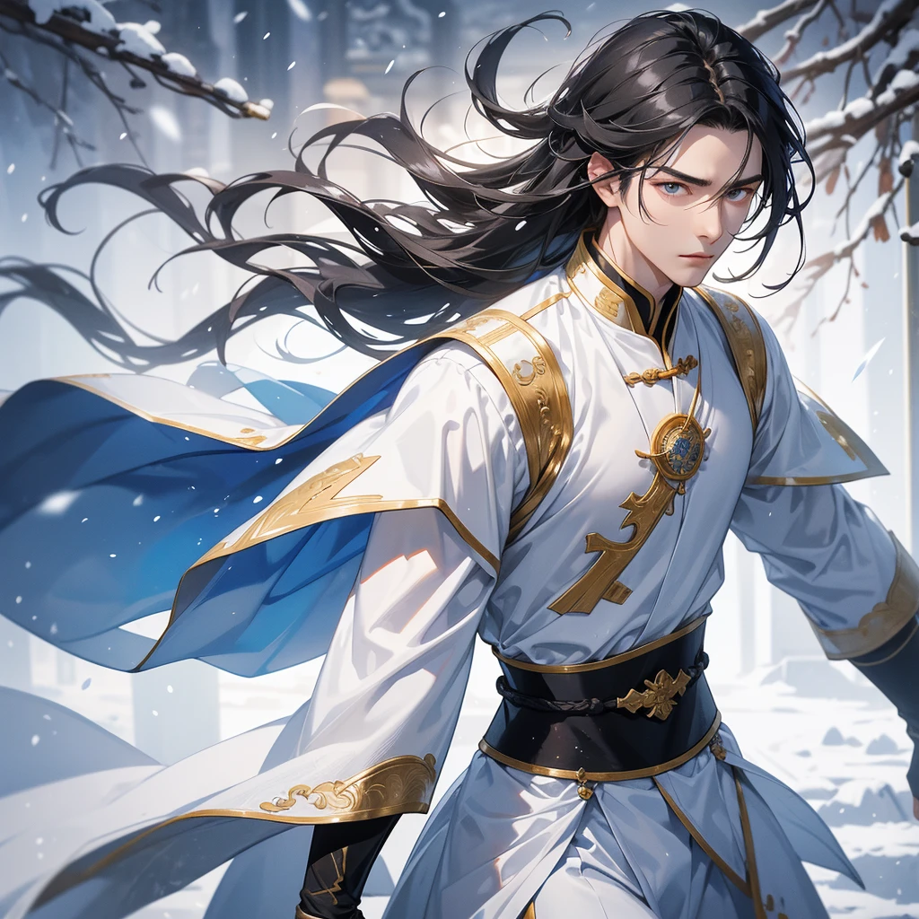 Handsome black-haired male general holding a large sword in blue ancient Chinese general costume, walking In the middle of a snowstorm, white snow is falling, The sun shines and the sun rises. close up, In the middle of a snowstorm, it is white. The trees are covered in white snow. The snow is falling.