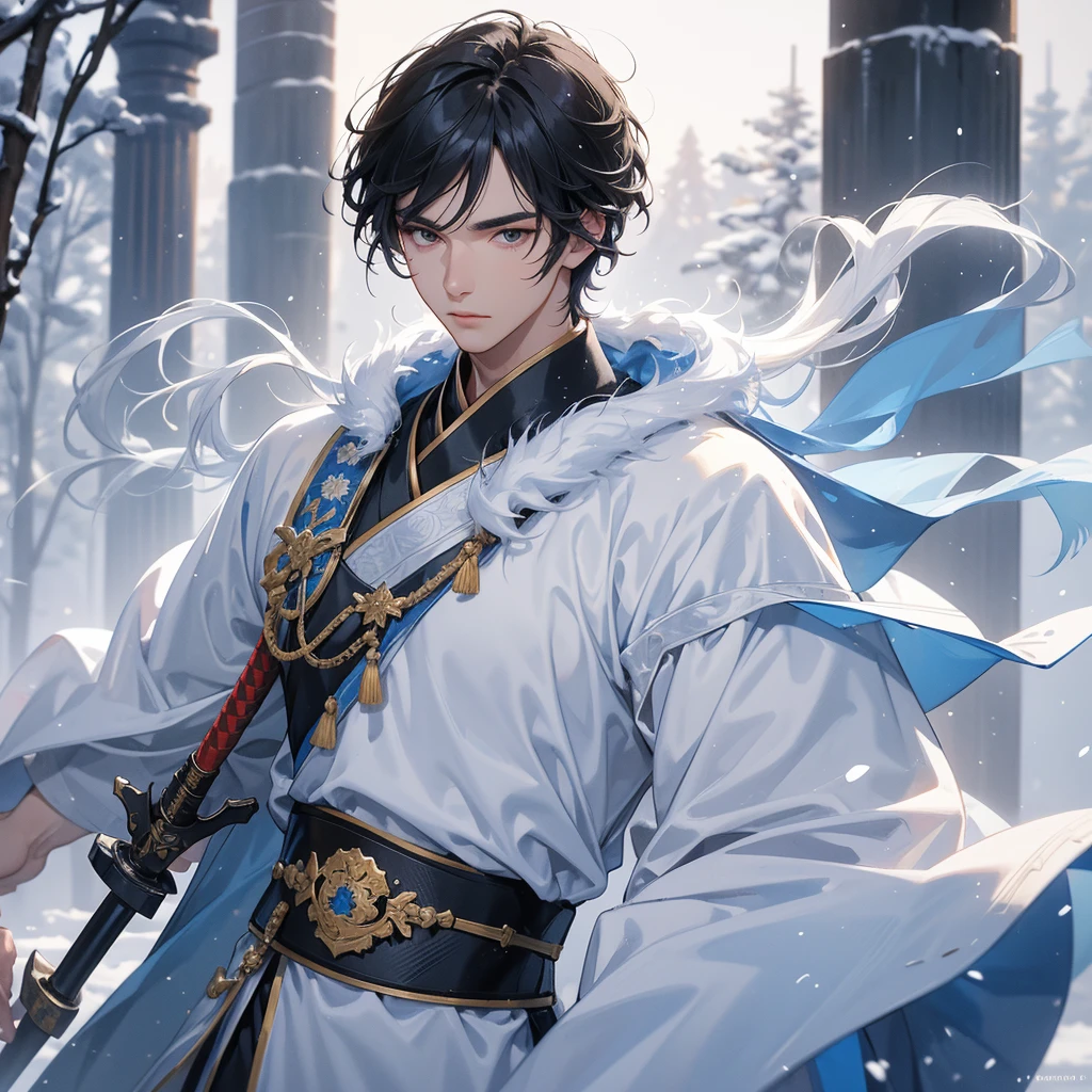 Handsome black-haired male general holding a large sword in blue ancient Chinese general costume, walking In the middle of a snowstorm, white snow is falling, The sun shines and the sun rises. close up, In the middle of a snowstorm, it is white. The trees are covered in white snow. The snow is falling.