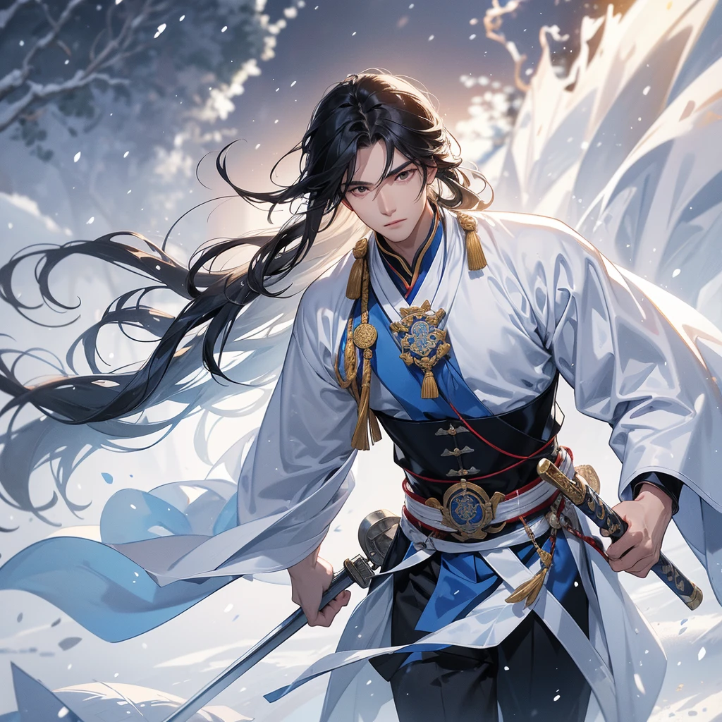 Handsome black-haired male general holding a large sword in blue ancient Chinese general costume, walking In the middle of a snowstorm, white snow is falling, The sun shines and the sun rises. close up, In the middle of a snowstorm, it is white. The trees are covered in white snow. The snow is falling.