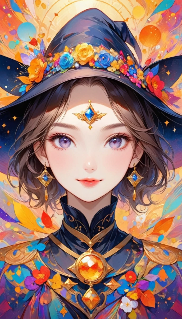 1 female、Around 20 years old、human、(whole body:1.5)、(Draw within the frame、Draw to fit within the canvas)、Abstract art, (((The most beautiful girl of all time))), Cute Face. Lips in Love, Stylish design、witch、witchの服装、Smile、Tarot card style background、