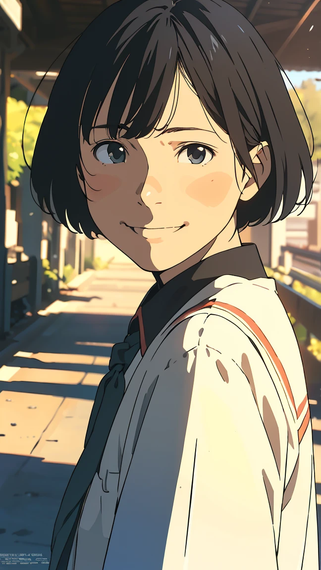 ((Short Hair)) Uniform, 1 boy, 1 person, very beautiful, best quality, great quality, curated, shape, very detailed, anime coloring, very detailed, official art, warm tones, sun flare, soft shadows, vibrant colors, very detailed, official art, facial expression pattern, smiling face,