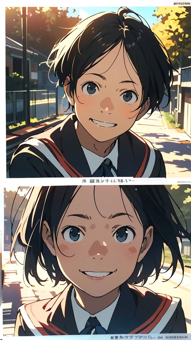 ((Short Hair)) Uniform, 1 boy, 1 person, very beautiful, best quality, great quality, curated, shape, very detailed, anime coloring, very detailed, official art, warm tones, sun flare, soft shadows, vibrant colors, very detailed, official art, facial expression pattern, smiling face,