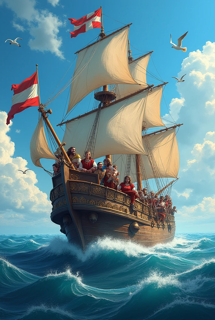 Christopher Columbus and his crew happy on the ship