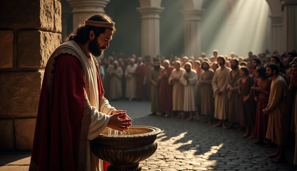 A dramatic scene of the condemnation of Jesus, with Pilate washing his hands, Em primeiro plano, as the crowd cries out behind him. The atmosphere is gloomy, with intense shadows and dramatic lighting.