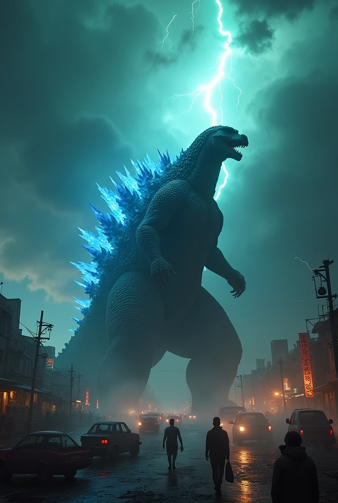 Godzilla shoots a beam of light from its rear end.