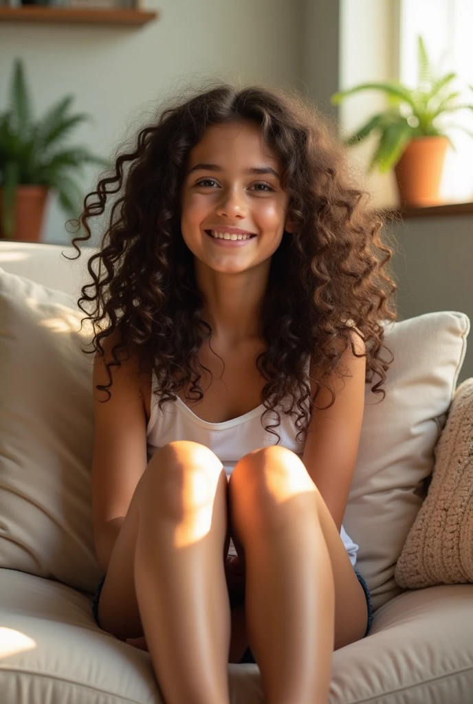 A brunette girl with curly hair and big breasts sits with her legs stretched out, taking a realistic photo