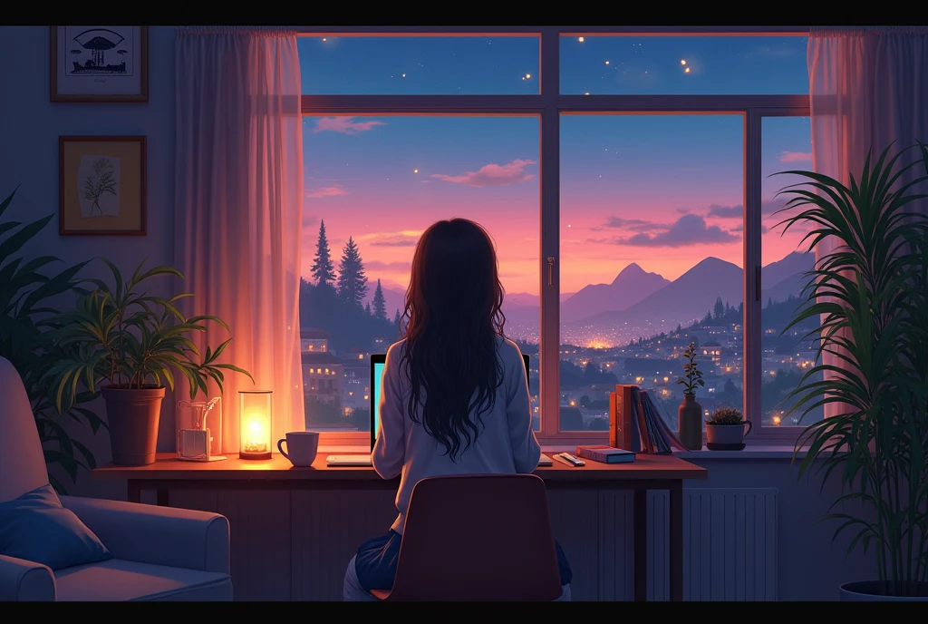 evening,Studying with a cup of coffee in hand,Stylish room,LOFI, cgsociety 9, Chill Hop, Xin Haicheng, Lo-fi girl aesthetic, Anime Scenery, makoto shinkai and (Cain Kuga), Lo-fi aesthetic, Anime scenery, Anime Nature, Anime Wallpaper