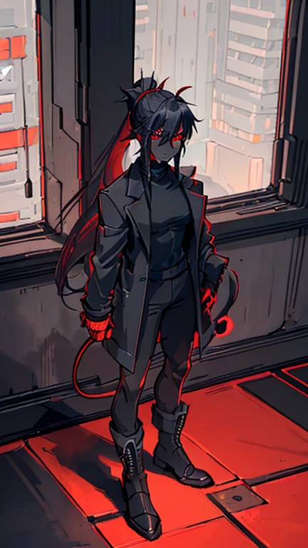 (detailed), (((demon boy))), (Arabic characteristics), ((gray wool jacket)), ((black fur rizado Ponytail hairstyle)), ((Ponytail hairstyle)), (calm face), ((by the width)), ((coffee boots)), (((whole body))), ((in a cyberpunk room)), ((male)), (gray turtleneck sweater), ((only one person)), (at night), terror, ((eyes glowing red)), In the dark, ((black fur)), ((((red skin color)))), demon tail