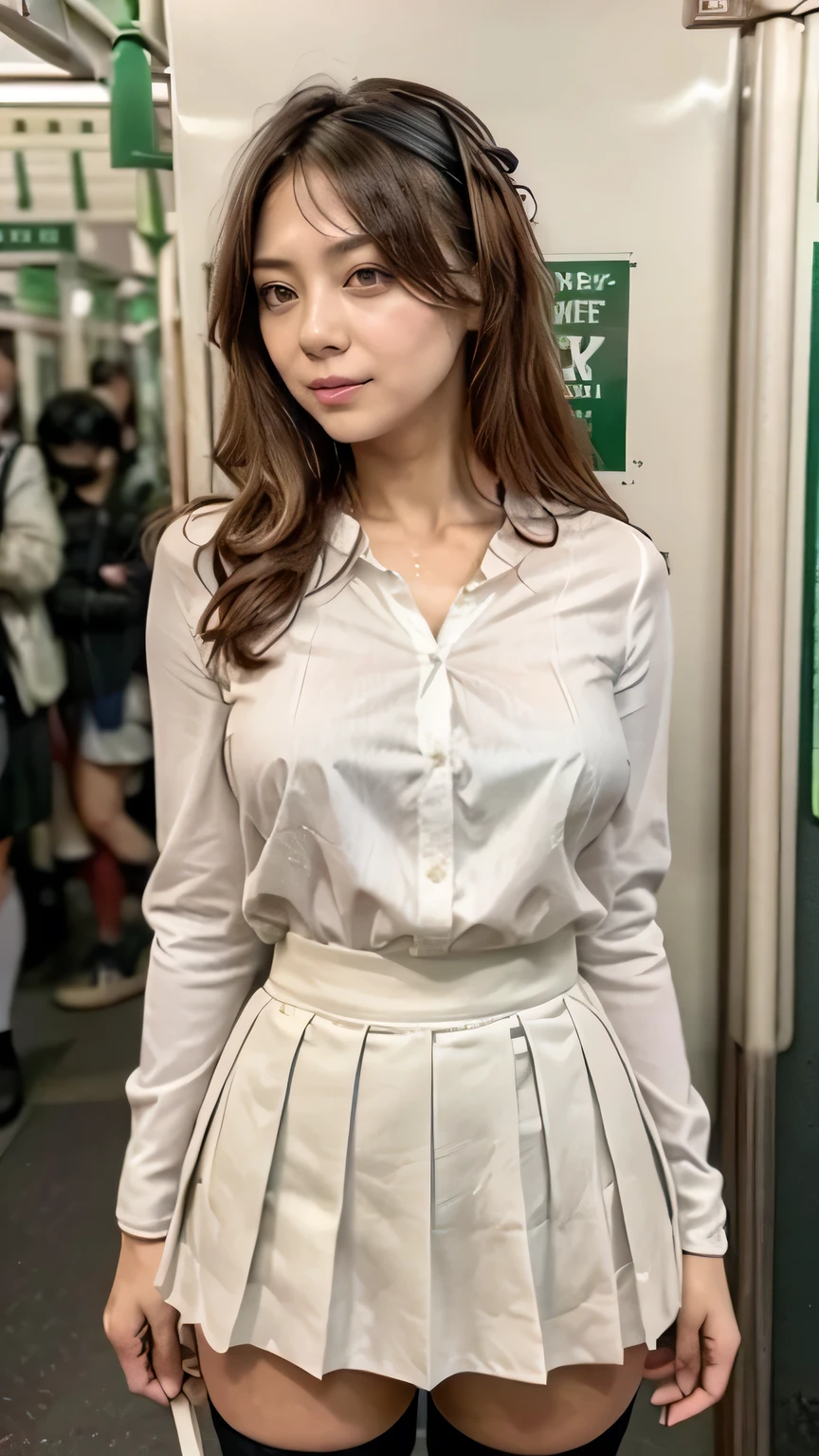 (A woman standing on the Yamanote Line:1.5)、(Realistic、Like a photograph、Live Action、8k, Realistic, RAW Photos, Best image quality: 1.4), Single-lens reflex camera、RAW Photos, Highest quality, Realistic, Highly detailed CG Unity 8k wallpaper, Written boundary depth, Cinematic Light, Lens flare, Ray Tracing, Realistic background、((Ultra-Dense Skin))、 23-year-old woman、Cute Japan OL、(whole body:1.5)、(White blouse、Black pleated skirt:1.5、Over the knee socks:1.44)、Wear glasses、Large Breasts)、Very detailedな顔,(avert your eyes:1.5)、(Long Hair:1.2、I like that style、stylish、Very detailed、Pay attention to the details、Perfect outfit、(Sunburned skin)、Front view、Accurate hands、Accurate legs、Detailed hands and fingers、Anatomically correct body、Thin legs、Thin thighs、Large Breasts、Very detailedな顔、View from the front