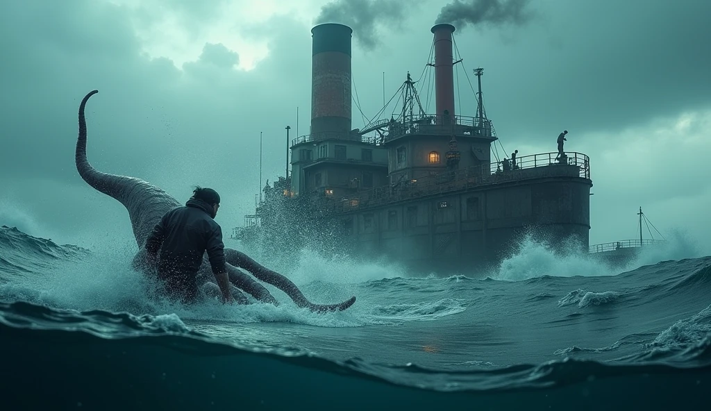 a fisherman catching a giant squid, extremely detailed, ultra-realistic, cinematic, dramatic lighting, deep ocean underwater scene, dramatic waves, moody atmosphere, industrial fishing processing factory, workers processing the catch, mechanical equipment, steel and glass building, smoke stacks, gritty industrial aesthetic, muted color palette, photo-realistic, 8k, best quality
