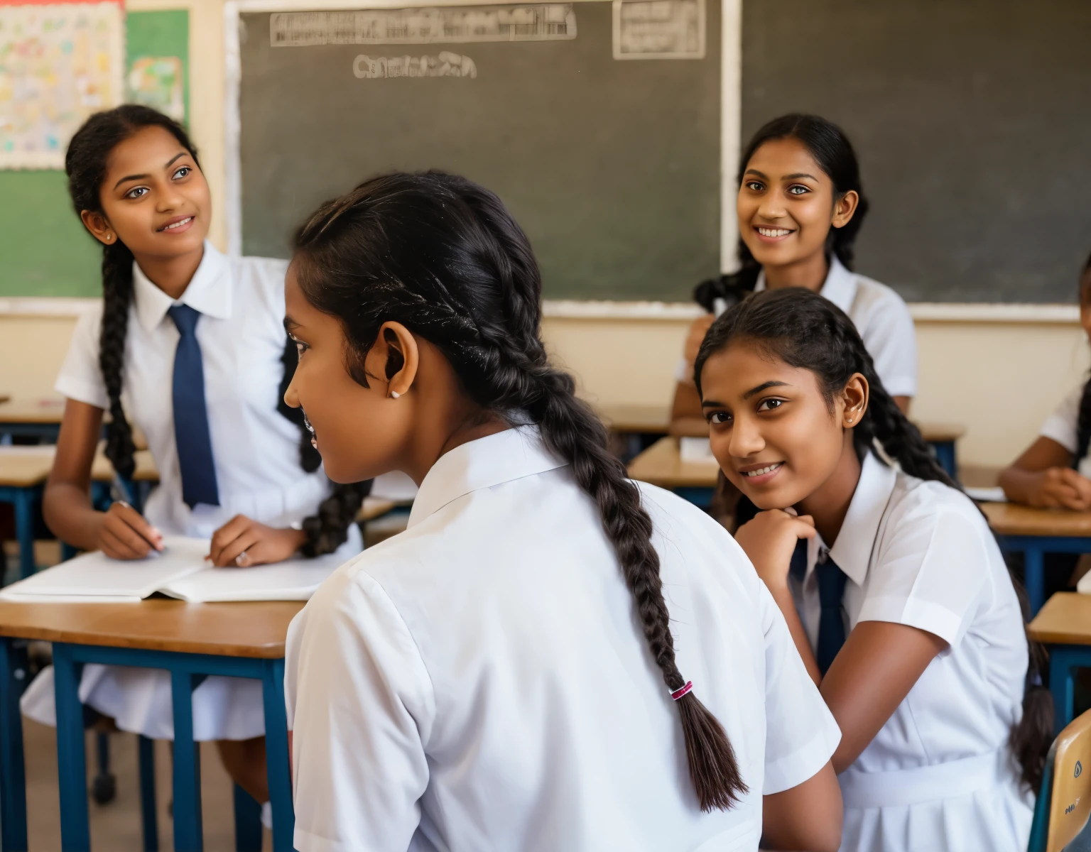 Srilankan school girl , wearing white frock and tie, braided hair with plait , in the classroom with four friends , back view , highly detailed, photorealistic, 8K, HDR, studio lighting, extremely fine detail, realistic fabric textures, natural skin tones,
