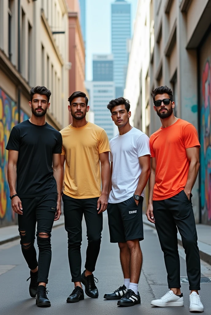 Handsome modular wearing t-shirts
Imagery: Your brand's imagery should feature bold, stylish, and confident individuals who embody the "Live in Style" ethos. You could use high-quality photography, bold graphics, and eye-catching visuals to make your brand stand out.