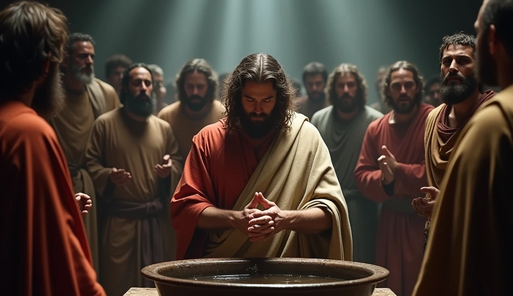 A dramatic scene of the condemnation of Jesus, with Pilate washing his hands, Em primeiro plano, as the crowd cries out behind him. The atmosphere is gloomy, with intense shadows and dramatic lighting.