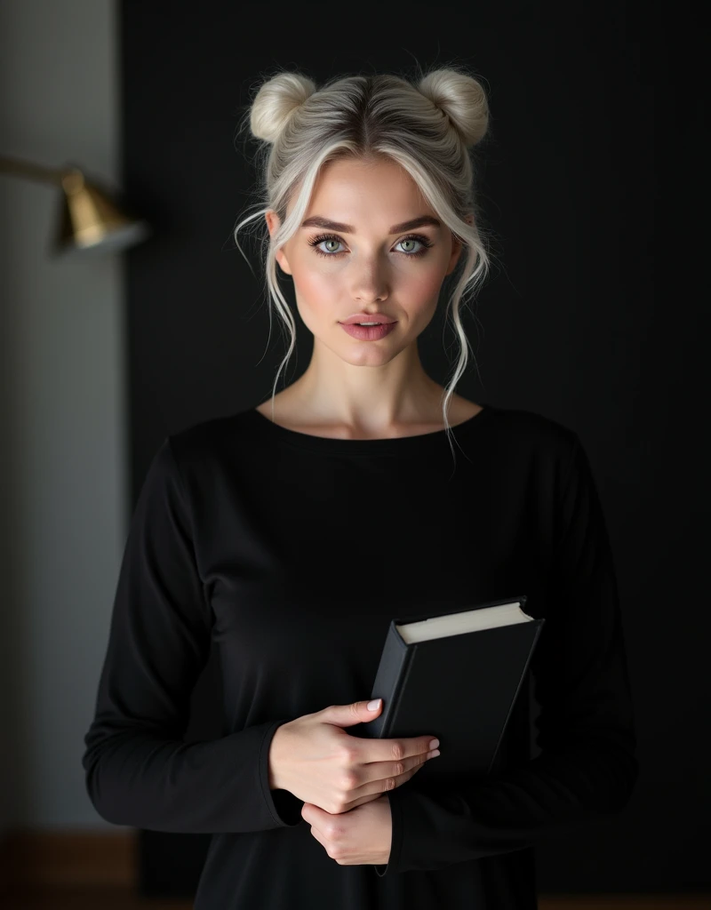Beautiful Russian girl with white skin, light gray hair, hair pulled back in two buns, Smooth facial features, girl model, dasha taran, professional Photo, 4K, a high resolution, high detail, aesthetically pleasing, Beautiful, realistic, standing straight, Looks straight, holds a black book, against the backdrop of a black living room, (very detailed skin:1.2), contract for 8 thousand., SLR camera, very detailed face, artistic composition, Photo,