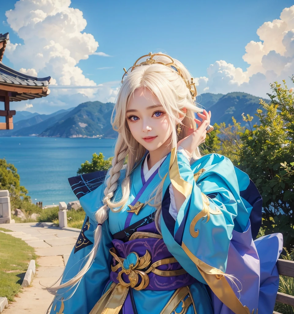A girl with realistic white long hair, exactly the same realistic hairstyle, realistic Korean beautiful face,Realistic thin smiling expression, realistic bright purple eyes, exactly realistic hat,Adapt clothes exactly the same,Realistic light, realistic shadows, realistic background