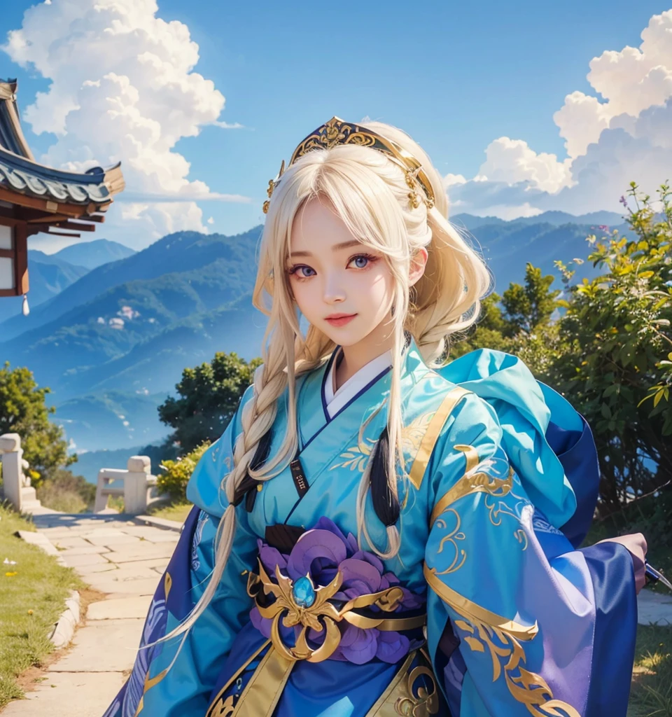 A girl with realistic white long hair, exactly the same realistic hairstyle, realistic Korean beautiful face,Realistic thin smiling expression, realistic bright purple eyes, exactly realistic hat,Adapt clothes exactly the same,Realistic light, realistic shadows, realistic background