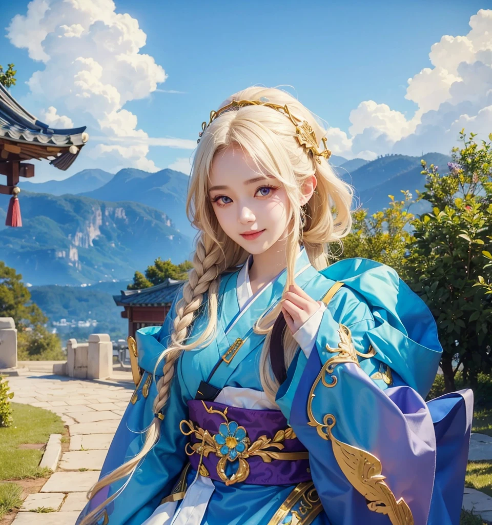 A girl with realistic white long hair, exactly the same realistic hairstyle, realistic Korean beautiful face,Realistic thin smiling expression, realistic bright purple eyes, exactly realistic hat,Adapt clothes exactly the same,Realistic light, realistic shadows, realistic background