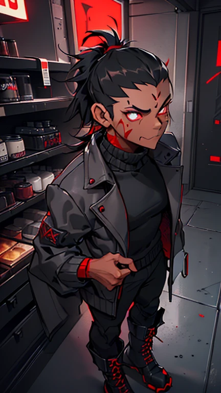 (detailed), (((demon boy))), (Arabic characteristics), ((gray wool jacket)), ((black fur rizado Ponytail hairstyle)), ((Ponytail hairstyle)), (calm face), ((by the width)), ((coffee boots)), (((whole body))), ((in a cyberpunk room)), ((male)), (gray turtleneck sweater), ((only one person)), (at night), terror, ((eyes glowing red)), In the dark, ((black fur)), ((((red skin color)))), demon tail