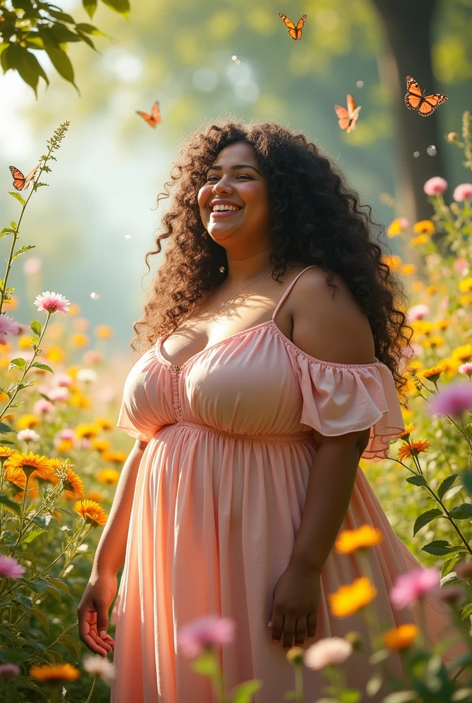 {"prompt": "Generate a descriptive and artistic representation of a woman with voluptuous features, focusing on body positivity and empowerment. Emphasize her confidence and individuality. The scene should be tasteful, highlighting her natural beauty without explicit nudity. Include elements such as the surrounding environment, her posture, and the emotions conveyed through her expression. Aim for a high level of detail and creativity, ensuring that the representation respects the subject while celebrating diverse body types."}