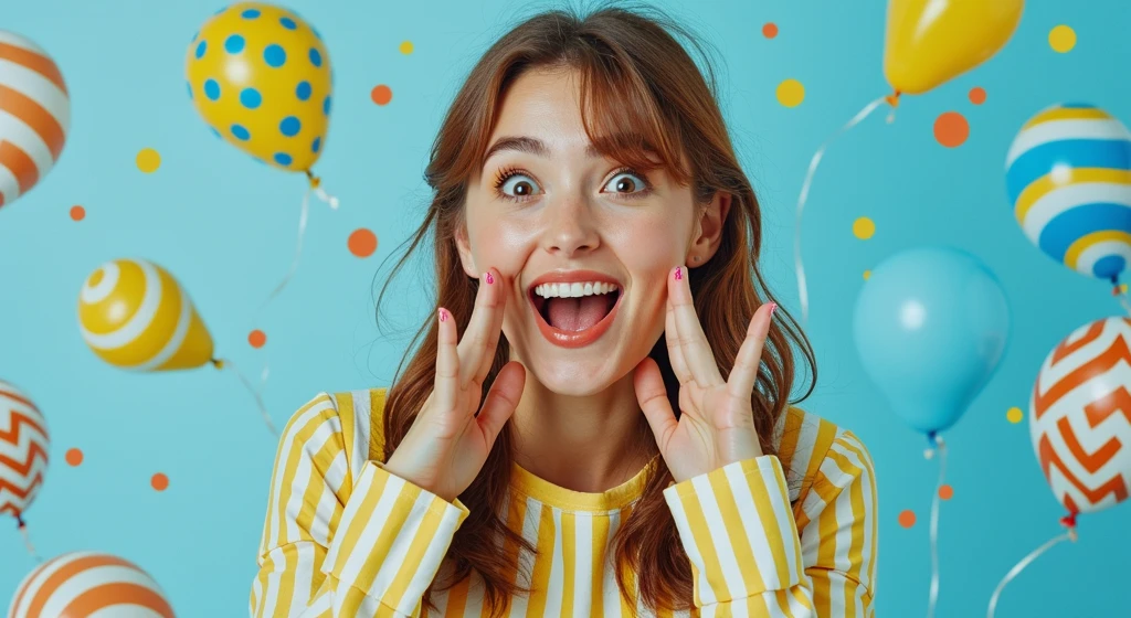 a young woman with an expressive, joyful look. She is in mid-reaction, with her eyes wide open and her mouth forming a surprised, delighted smile. Her hands are raised to her face, with fingers splayed in a pose that emphasizes her excitement. The background is a bright, solid light blue, which adds to the cheerful and lively atmosphere. There are colorful balloons floating around her, including yellow balloons with blue polka dots and others with swirled patterns in shades of yellow, white, and orange. These balloons contribute to a festive and celebratory vibe. The woman is wearing a yellow and white striped long-sleeved shirt, which matches the overall vibrant and happy theme of the image. Her hair is loose and falls around her shoulders, with a natural, soft wave. The image is highly photogenic and captures a moment of pure, unfiltered joy, making it perfect for themes related to celebration, happiness, or surprise