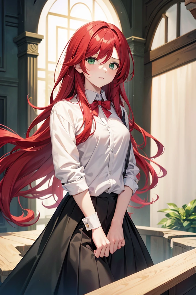 SimpleNegativeV3, an14, badhandv4,1girl, amy, long hair, red hair, green eyes, suit with long skirt, white shirt, 4K, 8k, 16k, HD, 1080P, best quality, high quality, super detail, anatomically correct, masterpiece
