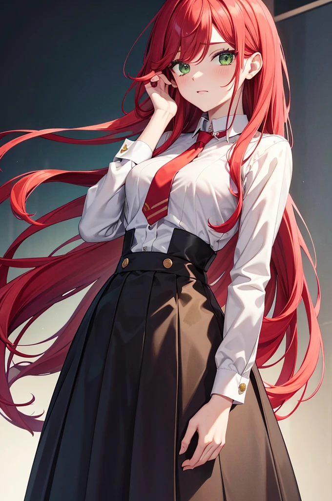 SimpleNegativeV3, an14, badhandv4,1girl, amy, long hair, red hair, green eyes, suit with long skirt, white shirt, 4K, 8k, 16k, HD, 1080P, best quality, high quality, super detail, anatomically correct, masterpiece
