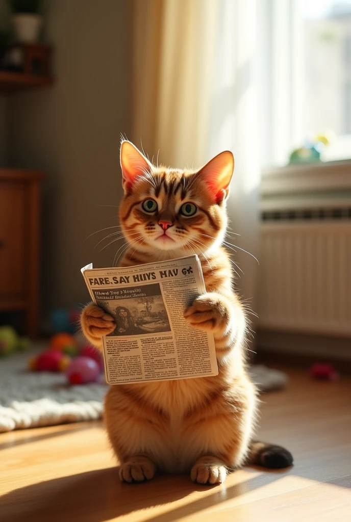 Cat holding a newspaper