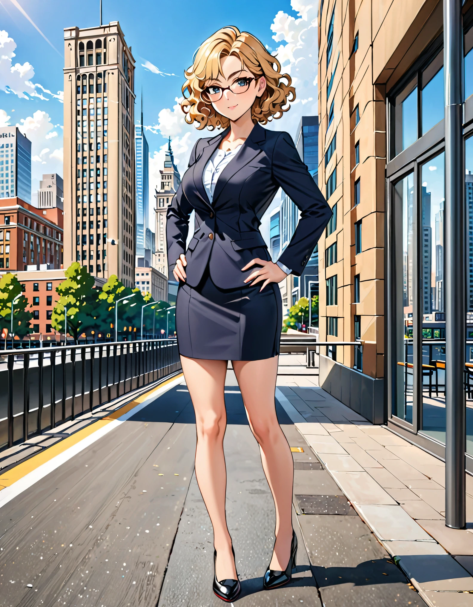 masterpiece, best quality, hires, 1girl, medium breasts, suit, skirt, pencil skirt, bare legs, glasses, black shoes, city backdrop, solo, single, hands on hip, standing, full body shot, cowboy shot, beautiful detailed eyes, beautiful detailed face, (blonde hair, (short hair, wavy hair)), high school backdrop, outdoors, mature lady, teacher, perfect body, good proportions