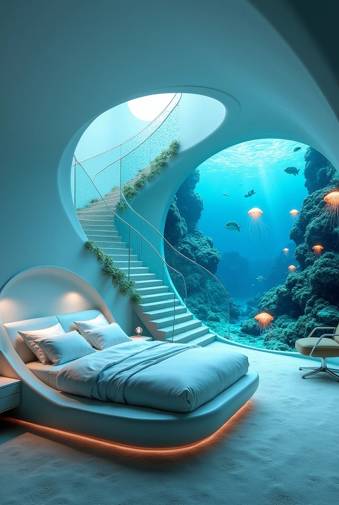 "Design an underwater-themed futuristic bedroom with a similar pod-style bed structure. The beds are integrated into the walls, surrounded by soft, bluish-green lighting that mimics the ocean's depths. Add a large, curved window revealing a view of an underwater city with sea creatures swimming by. The staircase is made of glass with bubbles trapped inside, leading to the top bed. The ceiling has glowing jellyfish-like lights, and the floor is covered with soft, wavy textures that resemble sand on the ocean floor."