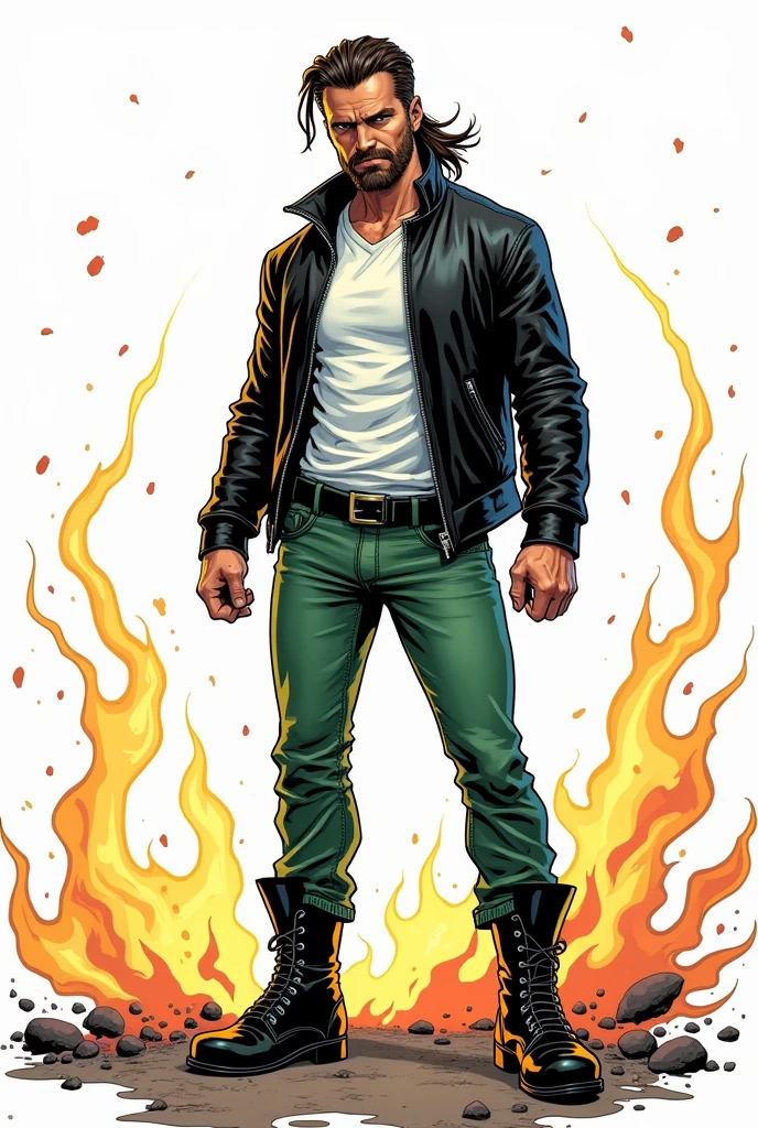 Create a comic book style drawing, bright coloured, high qualiy, a 35-year-old white man, 90 kilos, medium size, long dark brown hair tied in a ponytail, barba, black leather jacket, white undershirt, green jeans, Black boots, Apocalypse theme, drawing with perspective, Action scene, white background, fully body