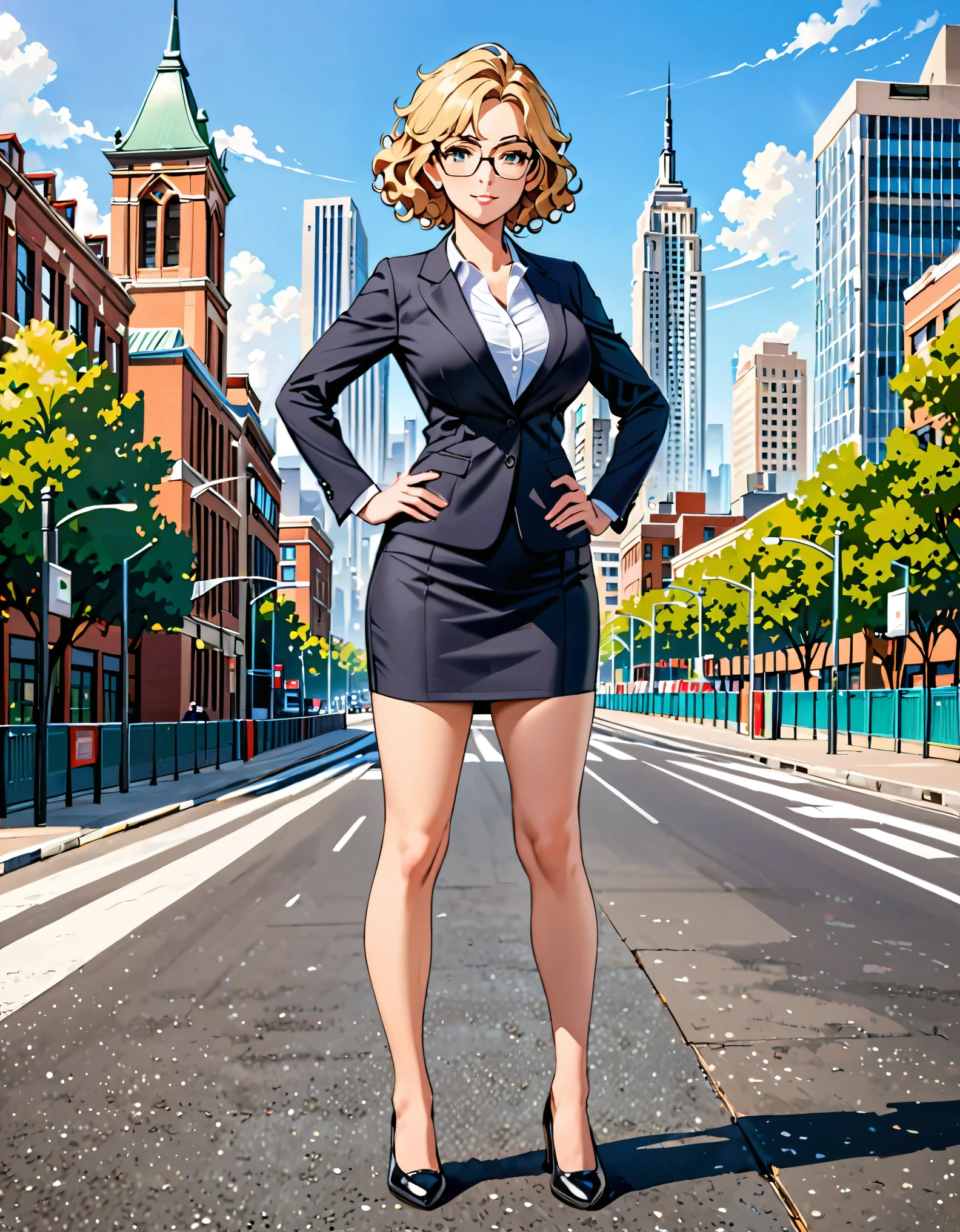 masterpiece, best quality, hires, 1girl, medium breasts, suit, skirt, pencil skirt, bare legs, glasses, black shoes, city backdrop, solo, single, hands on hip, standing, full body shot, cowboy shot, beautiful detailed eyes, beautiful detailed face, (blonde hair, (short hair, wavy hair)), high school backdrop, outdoors, mature lady, teacher, perfect body, good proportions