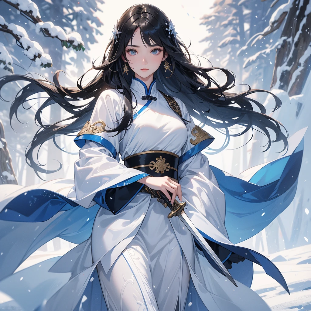 a beautiful woman black-haired male general holding a large sword in blue ancient Chinese general costume, walking In the middle of a snowstorm, white snow is falling, The sun shines and the sun rises. close up, In the middle of a snowstorm, it is white. The trees are covered in white snow. The snow is falling. close up.