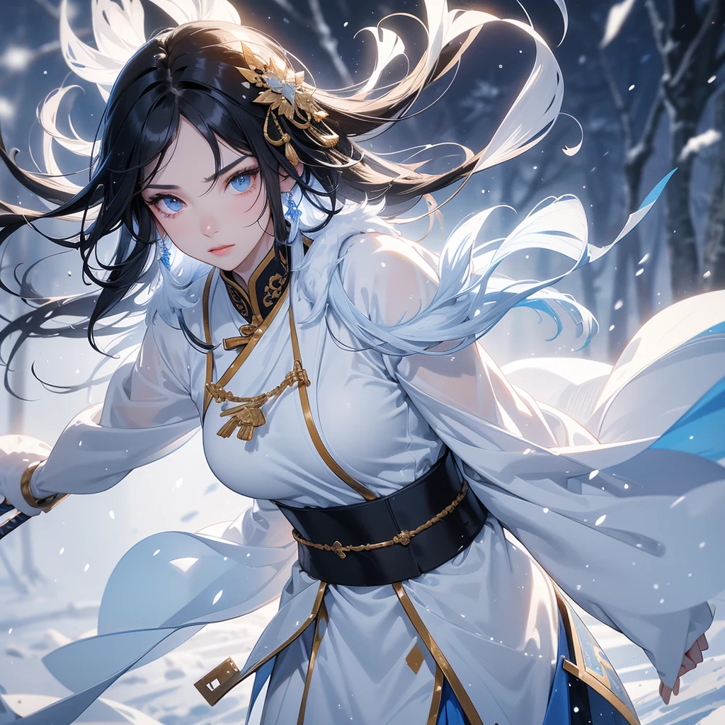 a beautiful woman black-haired male general holding a large sword in blue ancient Chinese general costume, walking In the middle of a snowstorm, white snow is falling, The sun shines and the sun rises. close up, In the middle of a snowstorm, it is white. The trees are covered in white snow. The snow is falling. close up.