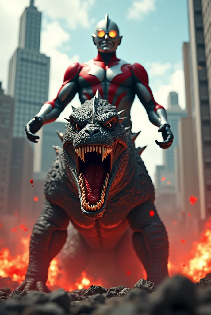Ultraman fight Godzilla ,two hand ripping Godzilla mouth splitting two. Ultraman kill Godzilla. Epic punch. Epic fight. Blood splash effect. Tilt shift photography