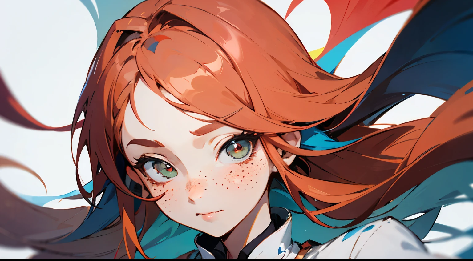 masterpiece, Highest quality, Highest quality, masterpiece, High resolution, concentrated, Anime Style, Woman cartoon closeup, Design of, Portraiture, Gisha, Anime Images, Long Hair, Redhead, 虹彩異color症の目, Hair covering the ears, Sophisticated and powerful appearance, exotic, expensive, freckles, Hilarious, Luxury Clothing, colorful, color