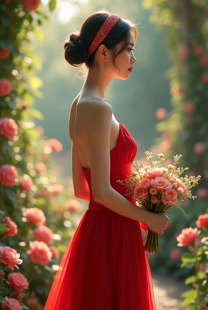 (​masterpiece, best quality:1.5), highest quality, High resolution, super detailed, Realists, Full body photo of a 22 year old blonde bridesmaid, detailed and beautiful eyes, beautiful detailed lips, very detailed eyes and face, longeyelashes, 22-year-old woman in a short dress made of shiny red satin fabric, Beautiful and colorful makeup, elegant and noble々Pose,shiny satin headband, grind, Holding flowers, Gardens as background, soft daylight, bright colors, fine brushstrokes, Portrait style, Noble details in the dress fabric, beautiful color palette, glowing skin, First-class rendering, that captures every detail, enchanting atmosphere, subtle shadows and lights, (perfect anatomy:1.2), (The stunning 22-year-old bridesmaid shows off her figure. looks surprised (magnificent panorama view:1.2)