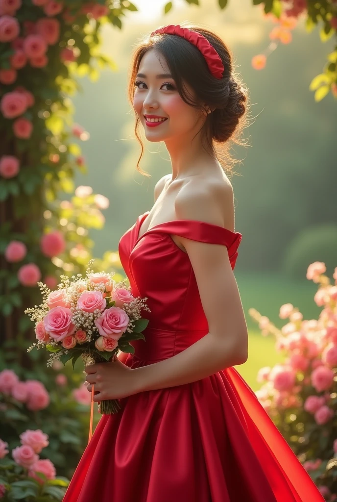(masterpiece, best quality:1.5), highest quality, High resolution, super detailed, Realists, Full body photo of a 22 year old blonde bridesmaid, detailed and beautiful eyes, beautiful detailed lips, very detailed eyes and face, longeyelashes, 22-year-old woman in a short dress made of shiny red satin fabric, Beautiful and colorful makeup, elegant and noble々Pose,shiny satin headband, grind, Holding flowers, Gardens as background, soft daylight, bright colors, fine brushstrokes, Portrait style, Noble details in the dress fabric, beautiful color palette, glowing skin, First-class rendering, that captures every detail, enchanting atmosphere, subtle shadows and lights, (perfect anatomy:1.2), (The stunning 22-year-old bridesmaid shows off her figure. looks surprised (magnificent panorama view:1.2)