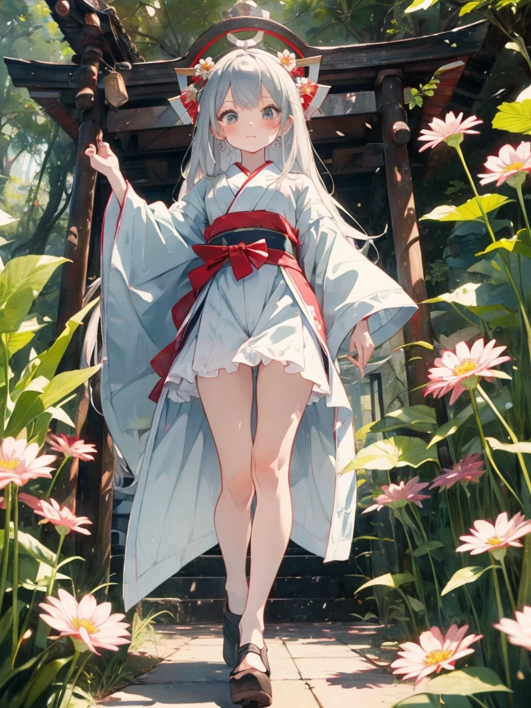 High definition、anime、A pure girl dressed in a shrine maiden's outfit、Flowers sprout from beneath your feet、１８age、Halfred with long silver hair、Full body portrait、Hide your feet、Do not show thighs、Wearing clogs、A long-sleeved miko outfit、Large eyes like opals、Powerful eyes、Dance dedicated to the gods